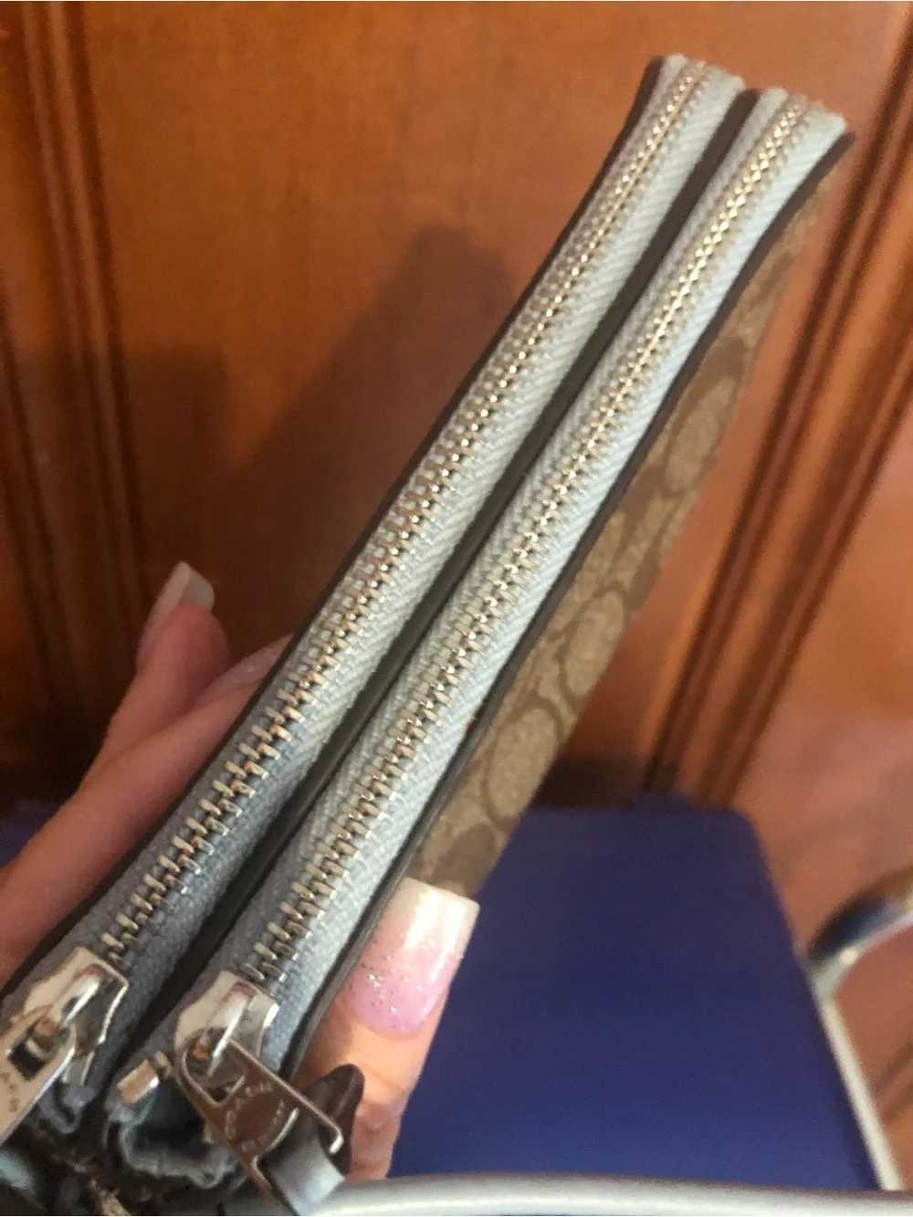 Coach Tan Signature Double Zip Wristlet with Chalk Trim